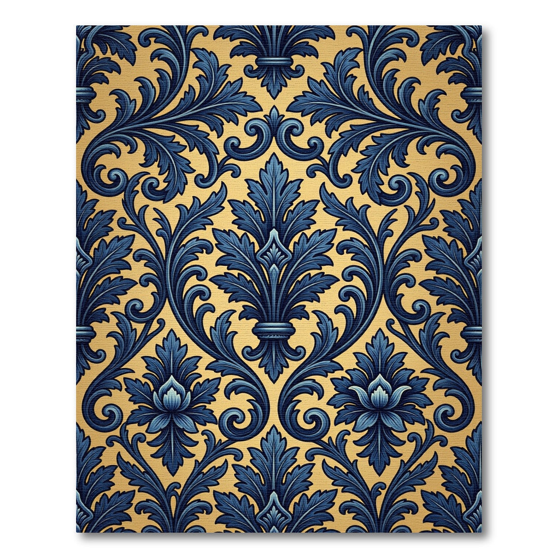 Ornate Navy Blue Gold Damask Rug