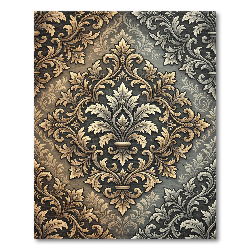 Elegant Gold Damask Foliage Medallion Rug