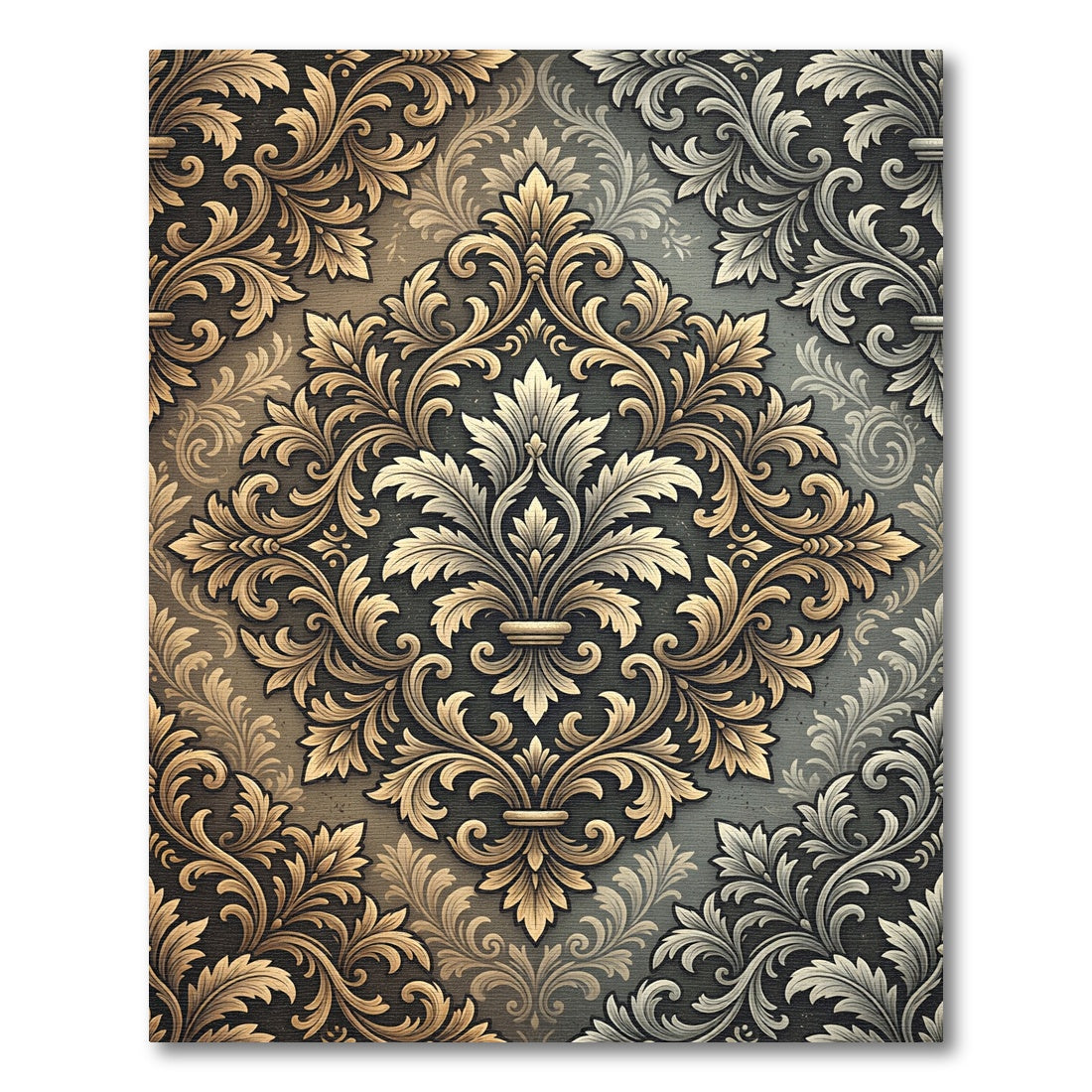 Elegant Gold Damask Foliage Medallion Rug