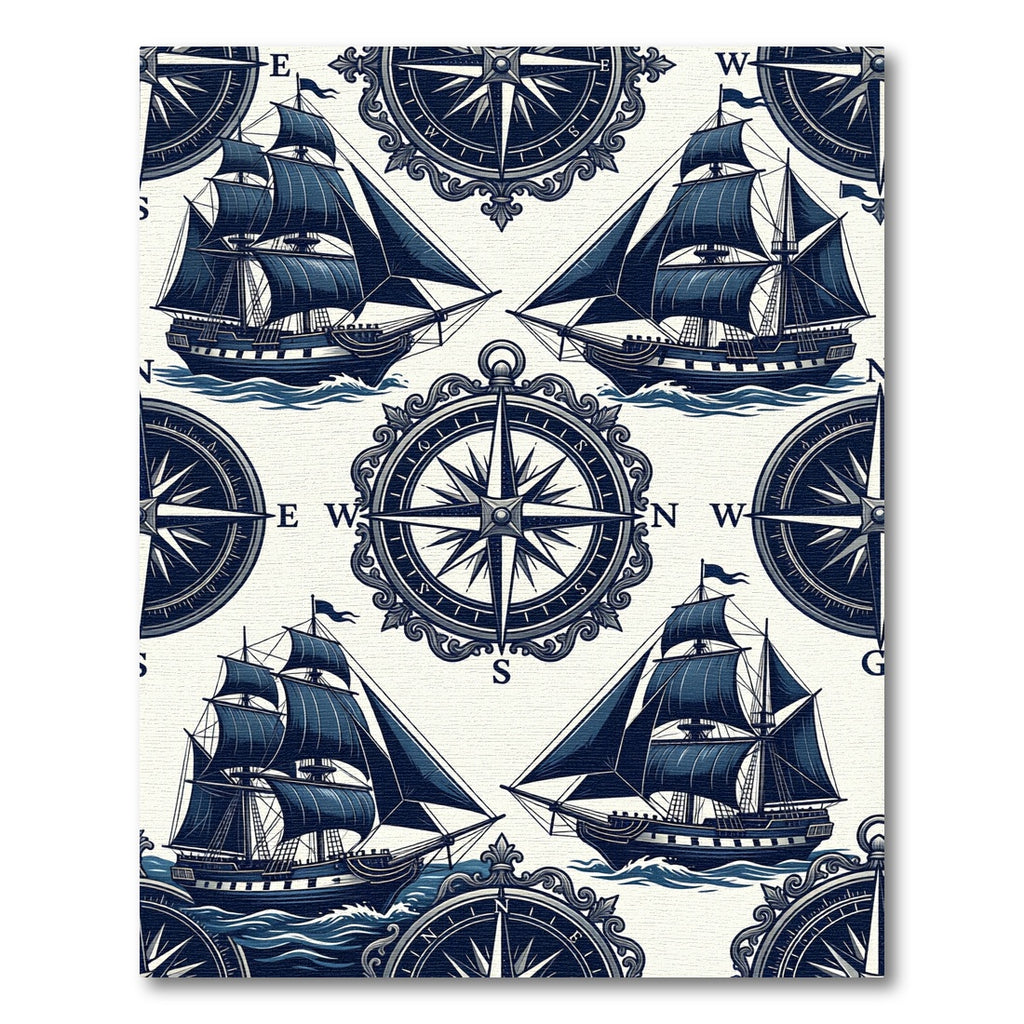 Nautical Compass and Vintage Sailing Ship Rug