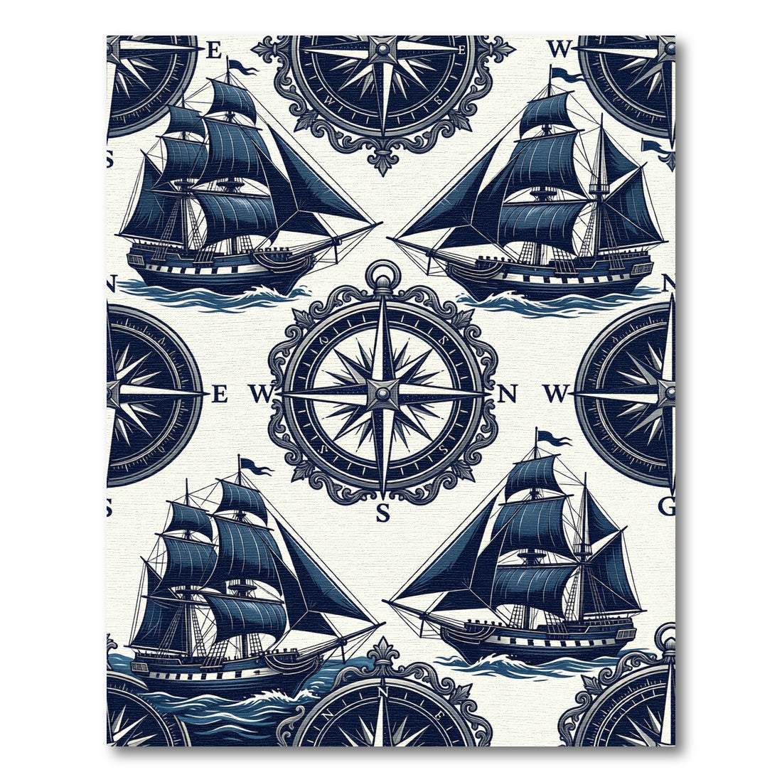 Nautical Compass and Vintage Sailing Ship Rug