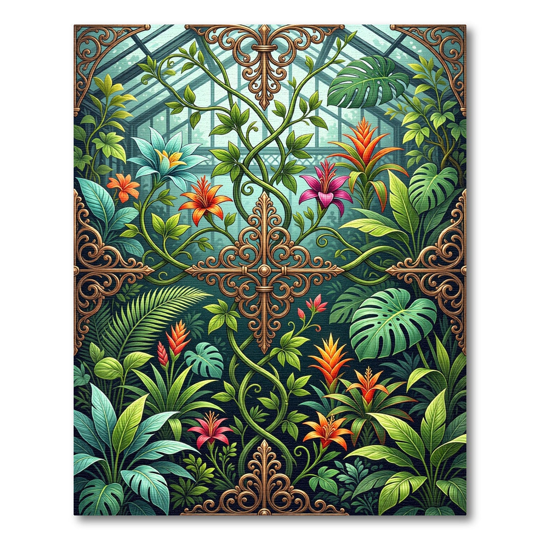 Lush Gold Ornate Botanical Greenhouse Rug