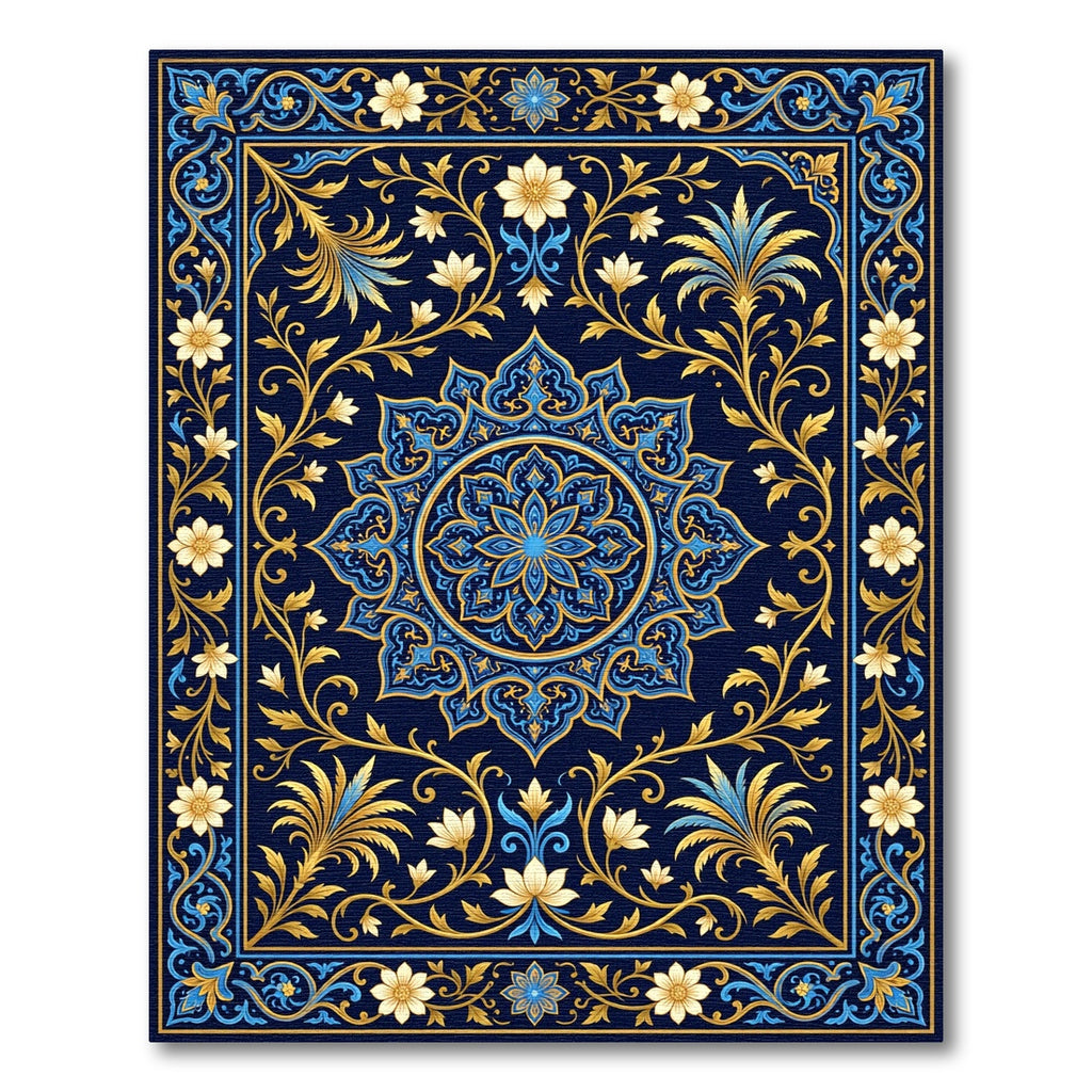 Golden Floral Medallion Navy Ornate Rug