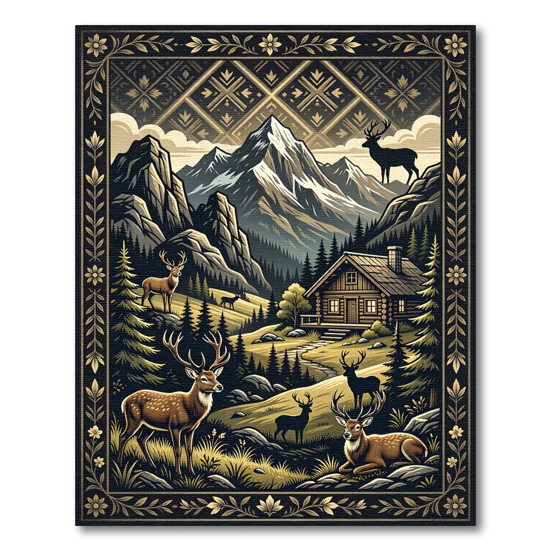 Mountain Wilderness Stag Golden Forest Artwork Rug