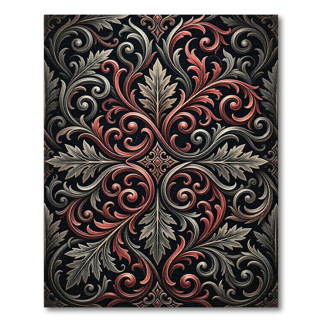 Ornate Crimson Gray Baroque Scroll Rug
