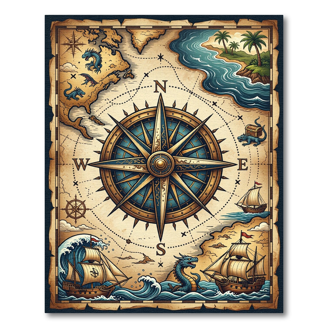 Vintage Nautical Dragon Compass Map Rug