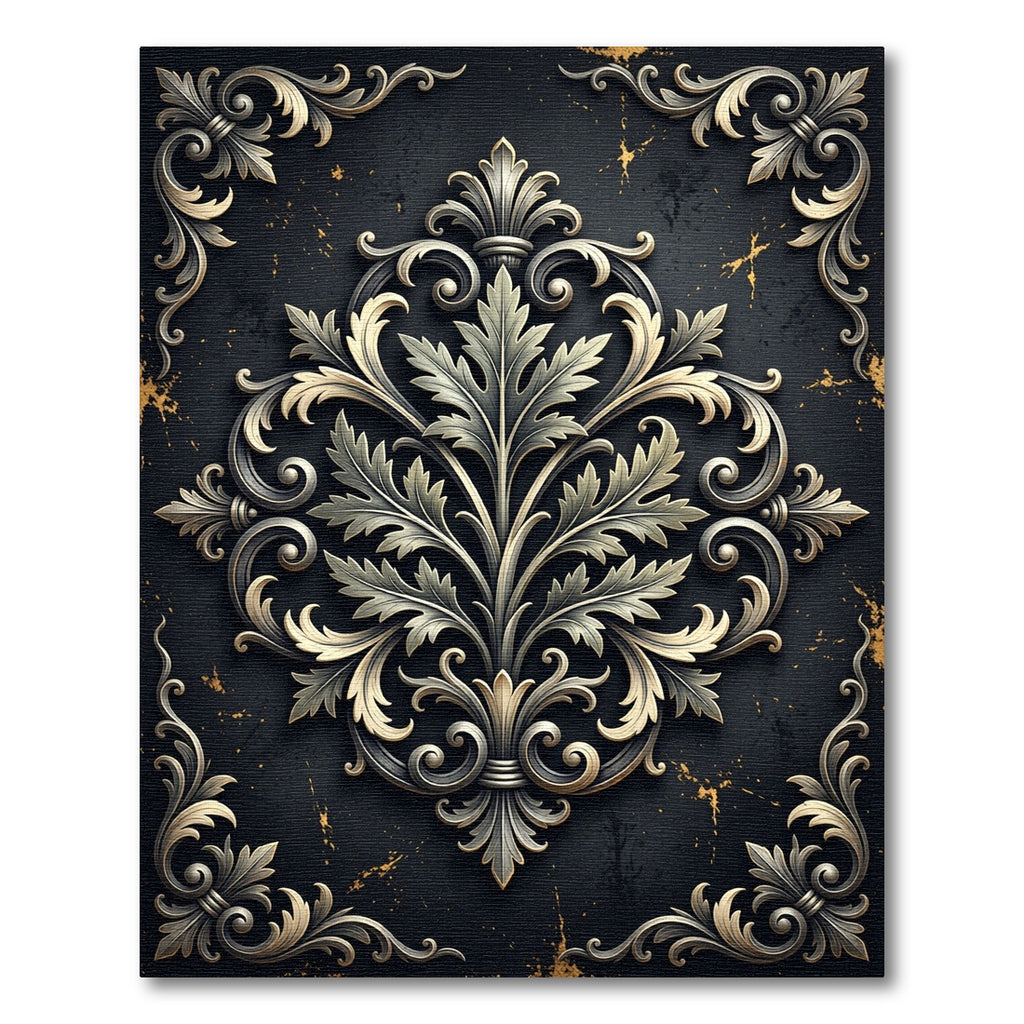 Elegant Gold Foliage Ornate Damask Rug