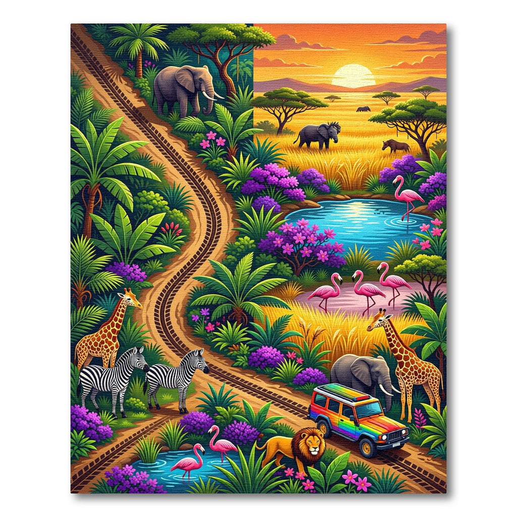 Vibrant Sunset African Safari Wildlife Landscape Rug