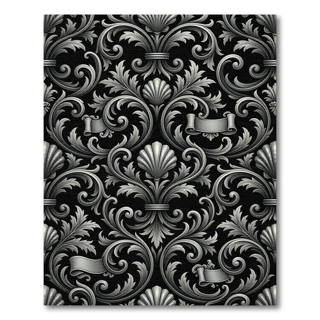 Ornate Silver Scrollwork Floral Rug