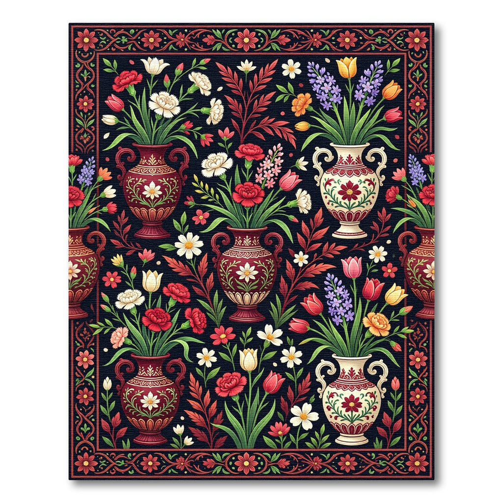 Vibrant Floral Vases Dark Backdrop Rug