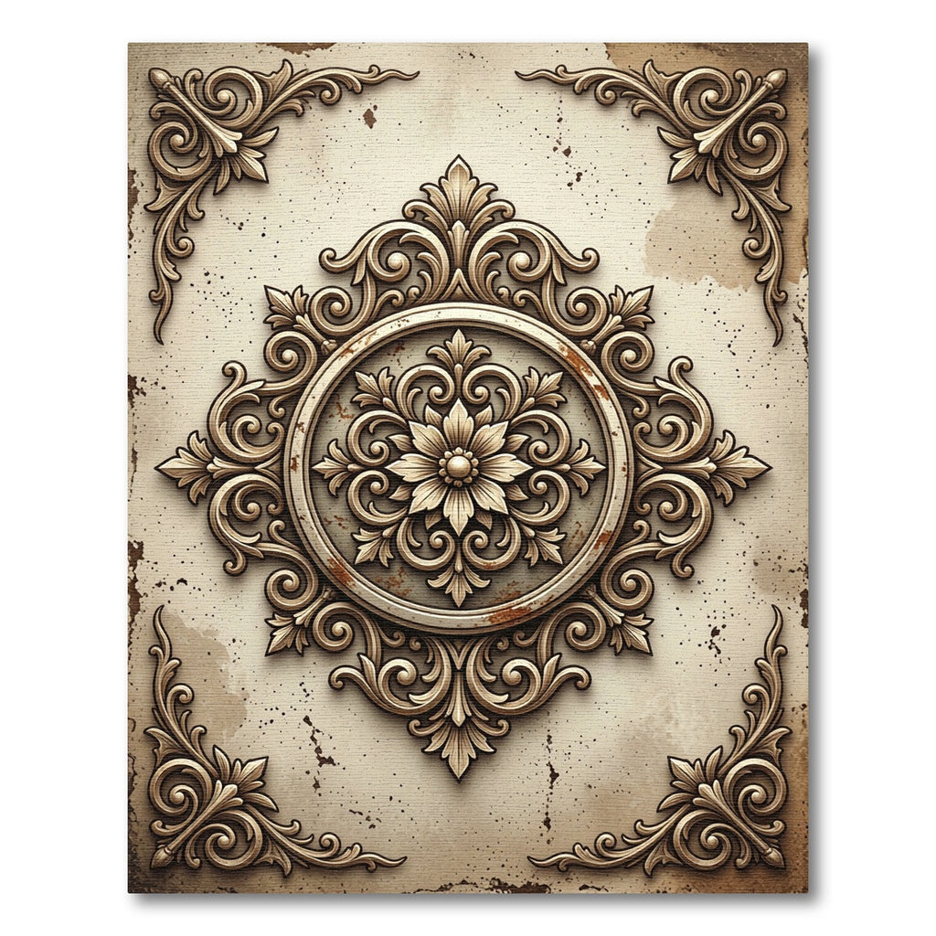 Ornate Antique Beige Floral Medallion Rug