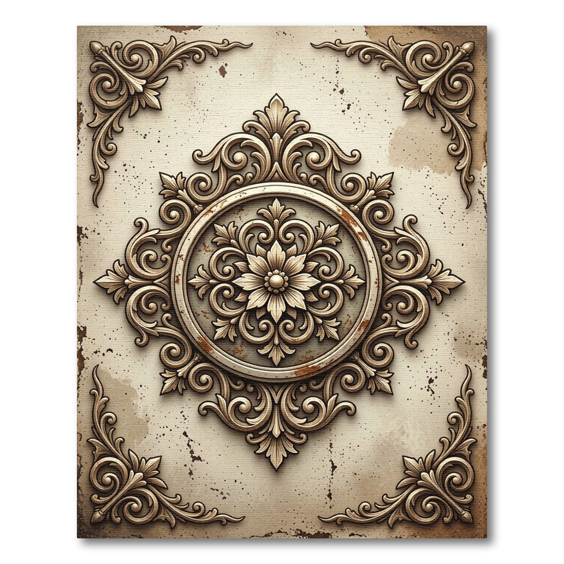 Ornate Antique Beige Floral Medallion Rug