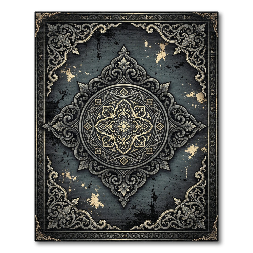 Ornate Charcoal and Champagne Damask Medallion Rug