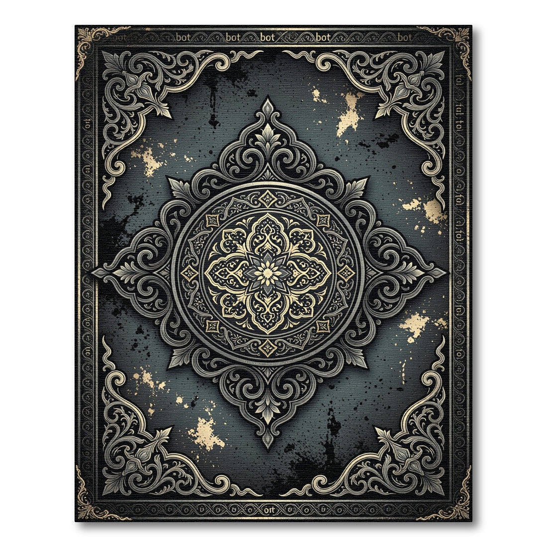 Ornate Charcoal and Champagne Damask Medallion Rug