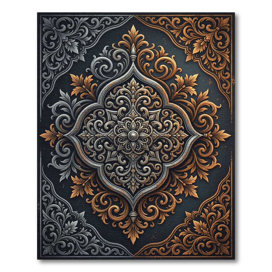 Elegant Silver and Gold Ornate Medallion Rug
