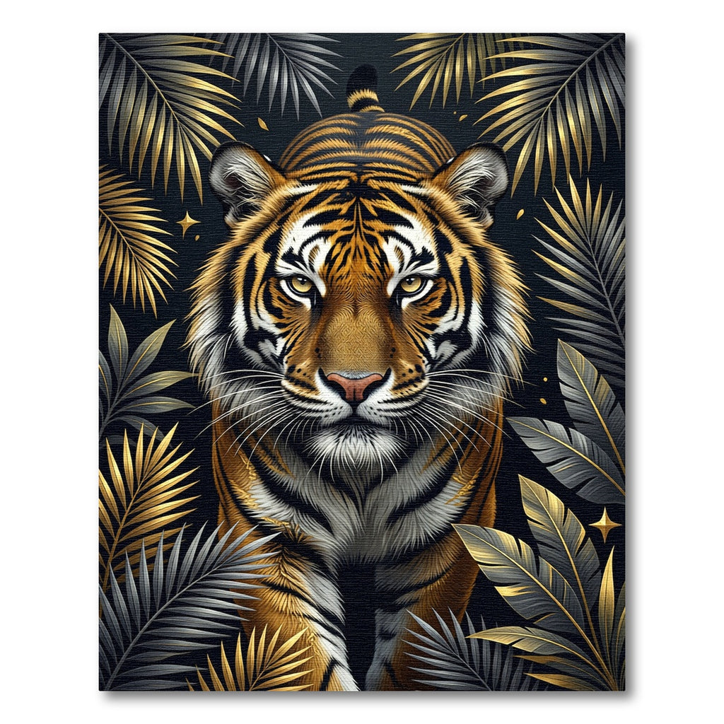 Golden Tiger with Metallic Tropical Leaves Rug
