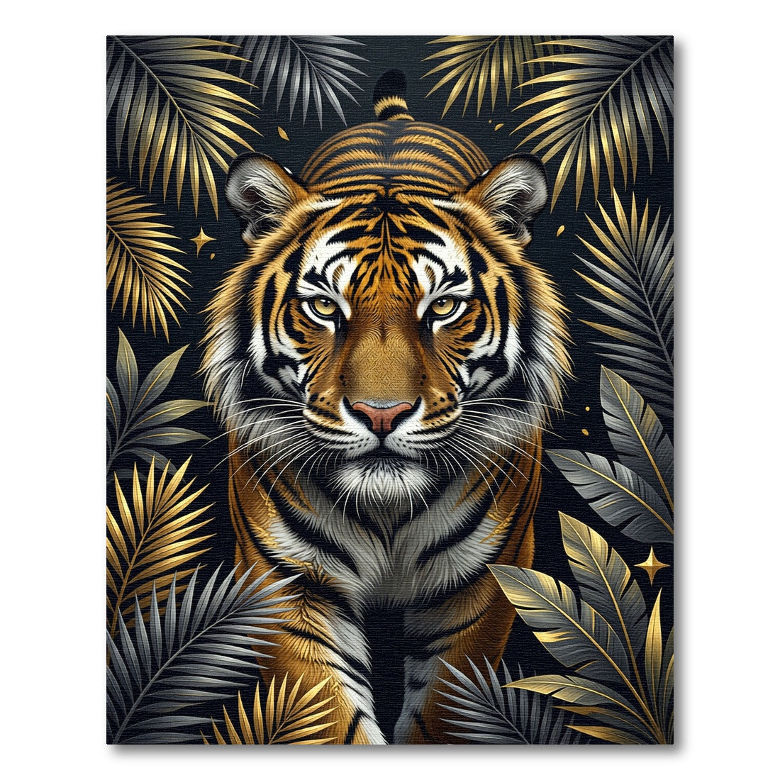 Golden Tiger with Metallic Tropical Leaves Rug