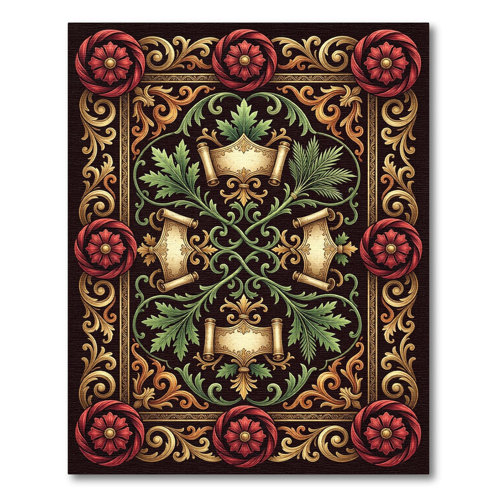 Ornate Red Gold Floral Vintage Scrolls Rug
