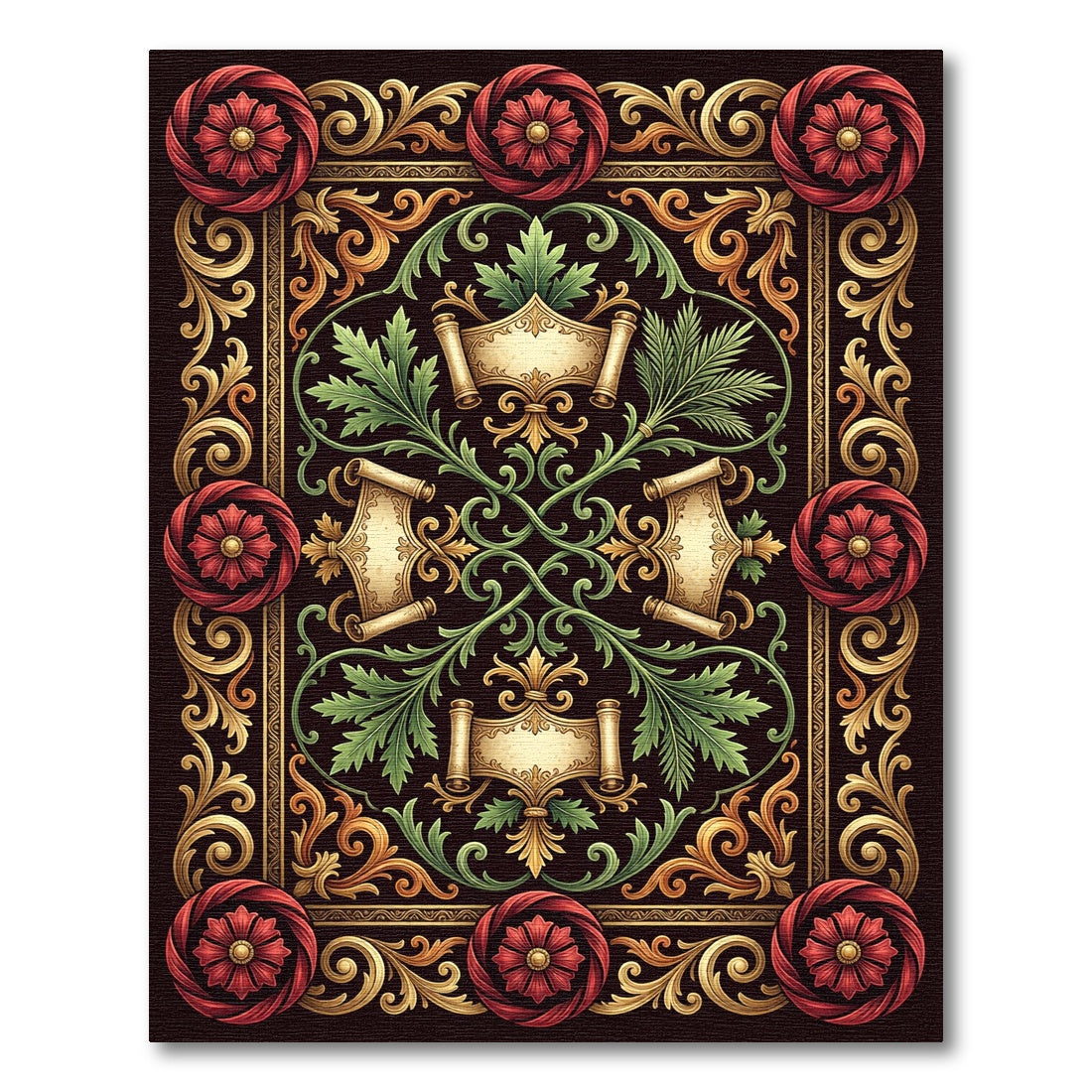 Ornate Red Gold Floral Vintage Scrolls Rug