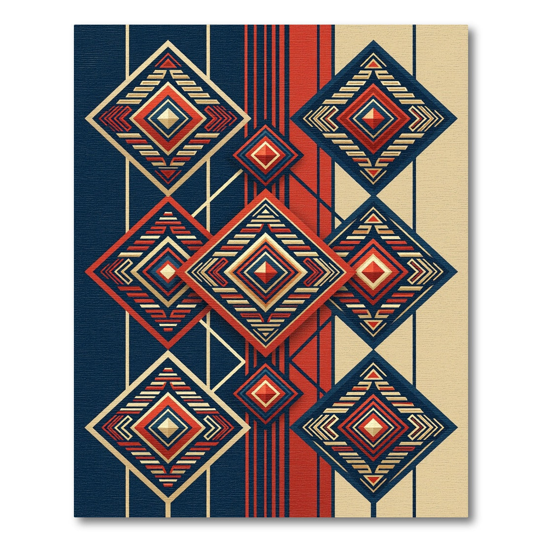 Geometric Navy Crimson Diamond Art Rug