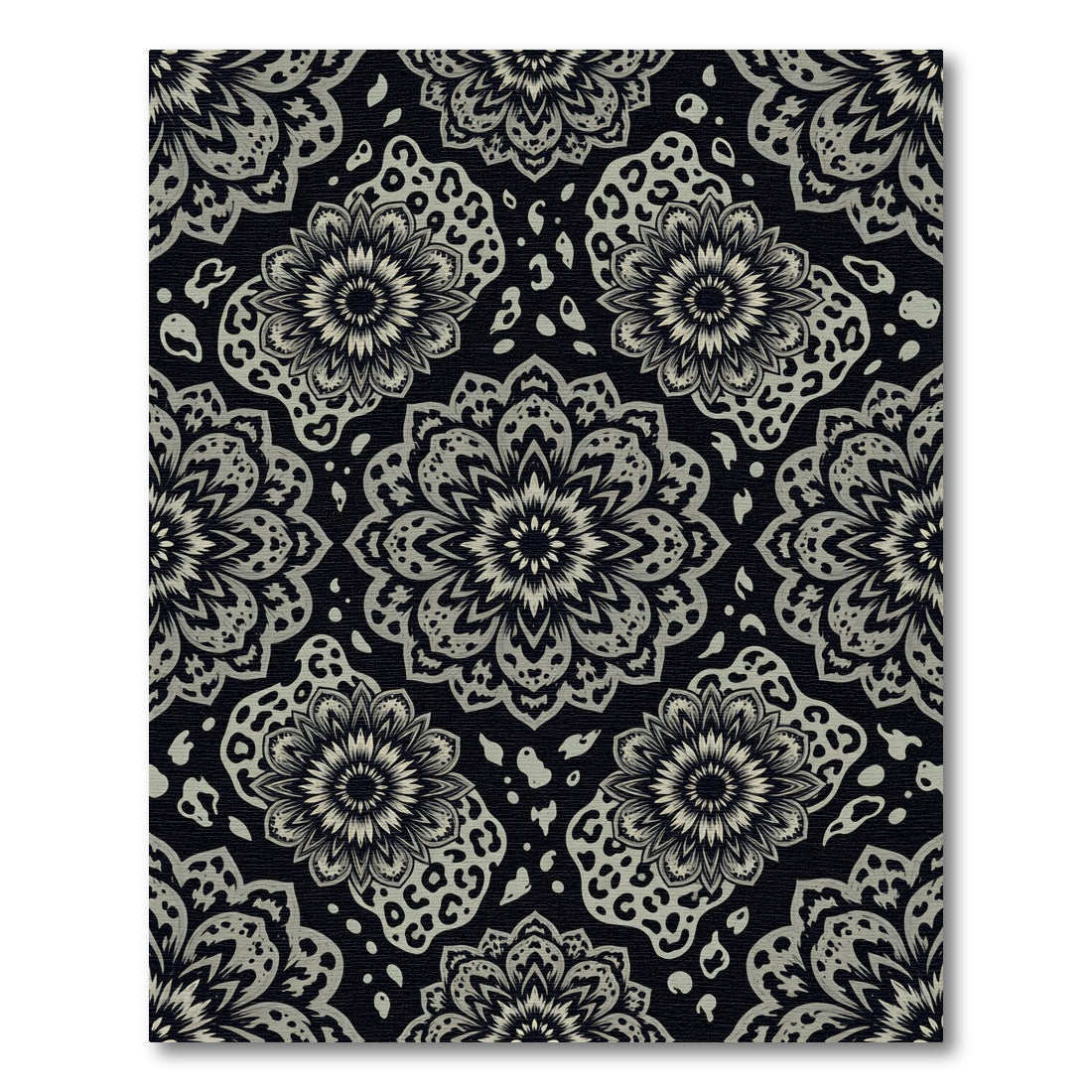 Black Gray Mandala Animal Print Rug