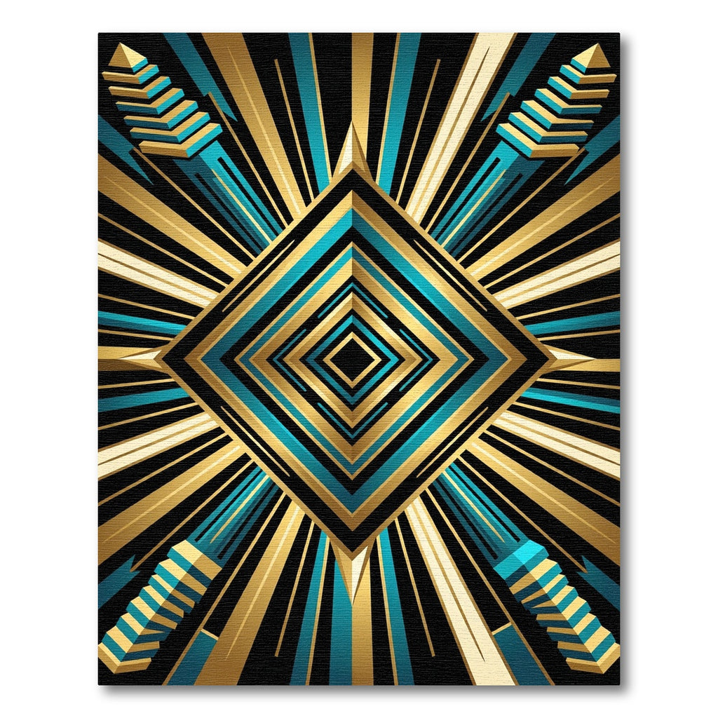 Art Deco Teal Golden Geometric Diamond Rug