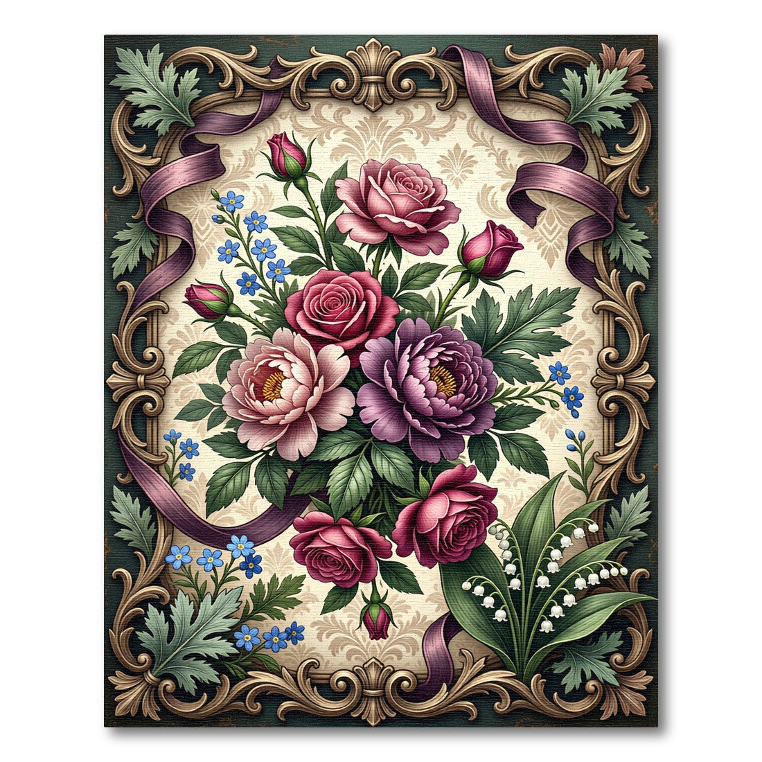 Ornate Vintage Rose and Peony Bouquet Rug