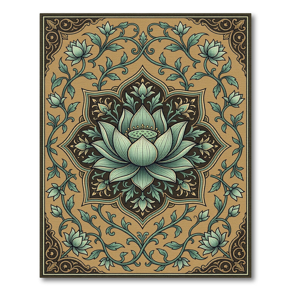 Khaki Teal Lotus Medallion Floral Rug