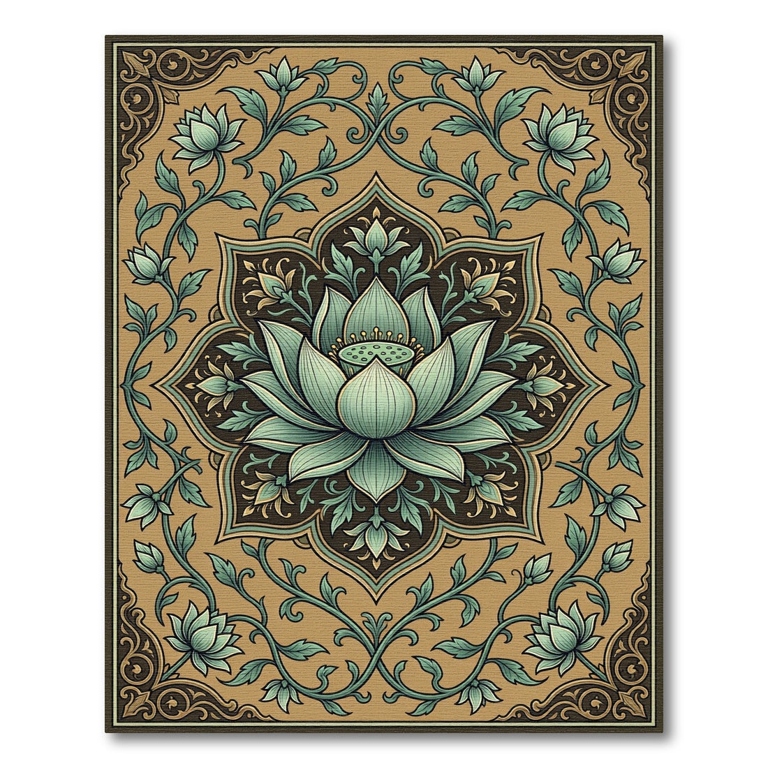 Khaki Teal Lotus Medallion Floral Rug