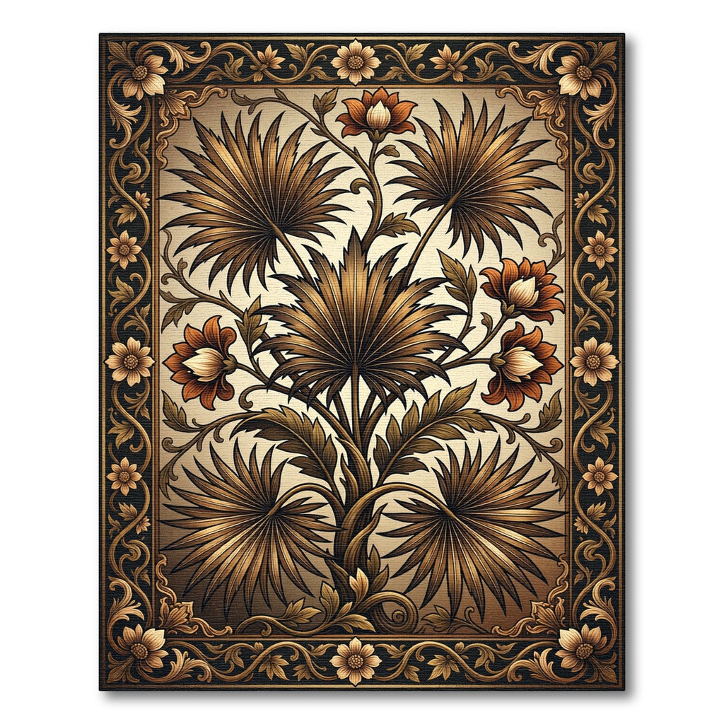 Golden Brown Botanical Floral Frame Rug