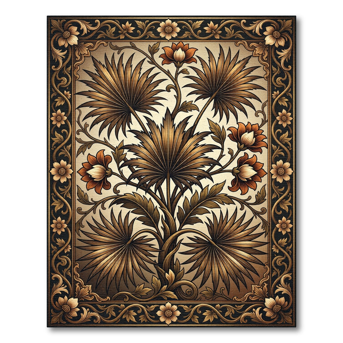 Golden Brown Botanical Floral Frame Rug