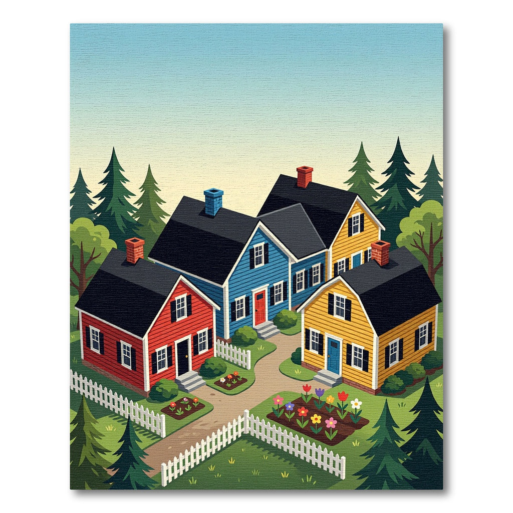 Whimsical Neighborhood Cottage Folk Art Scene Rug