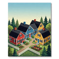 Whimsical Neighborhood Cottage Folk Art Scene Rug