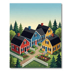 Whimsical Neighborhood Cottage Folk Art Scene Rug