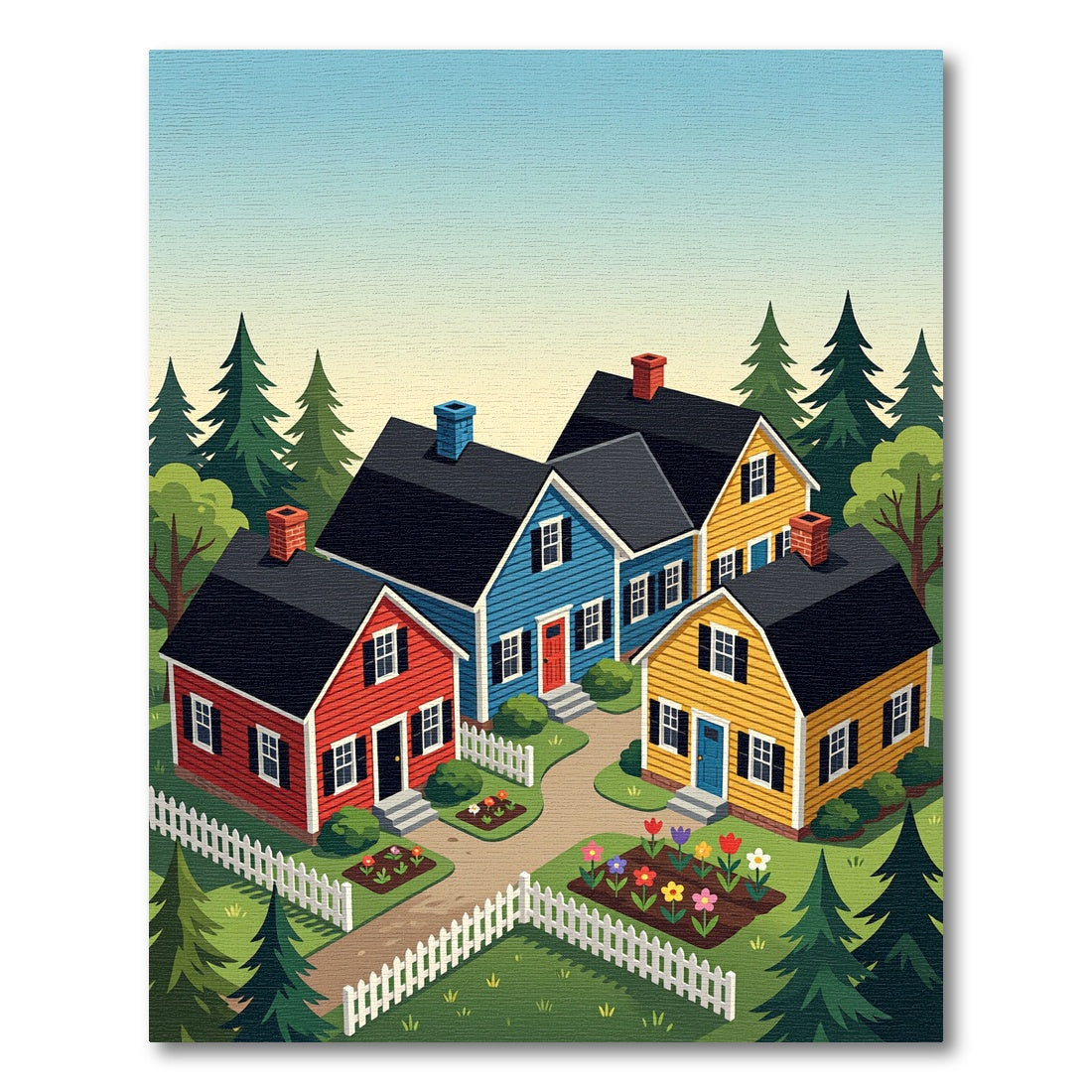 Whimsical Neighborhood Cottage Folk Art Scene Rug