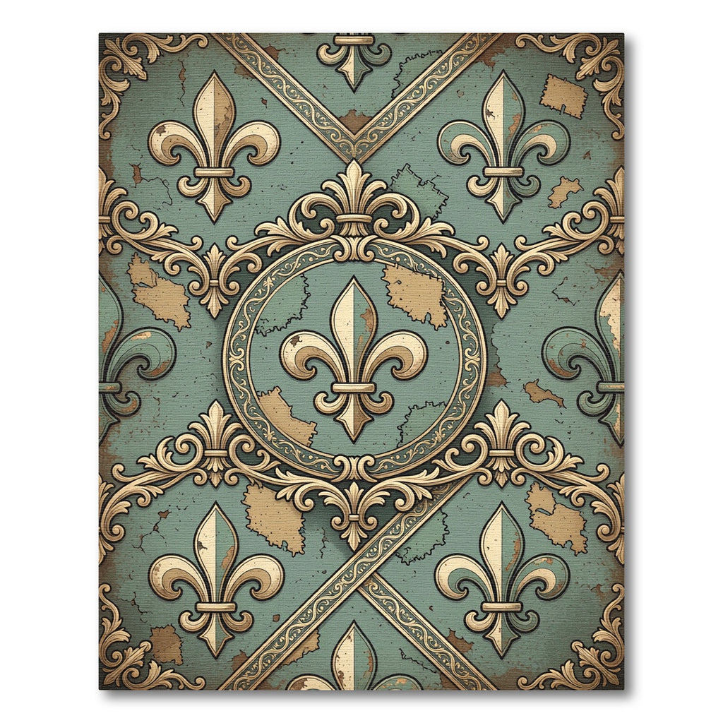 Distressed Sage Fleur-de-Lis Medallion Antique Gold Rug