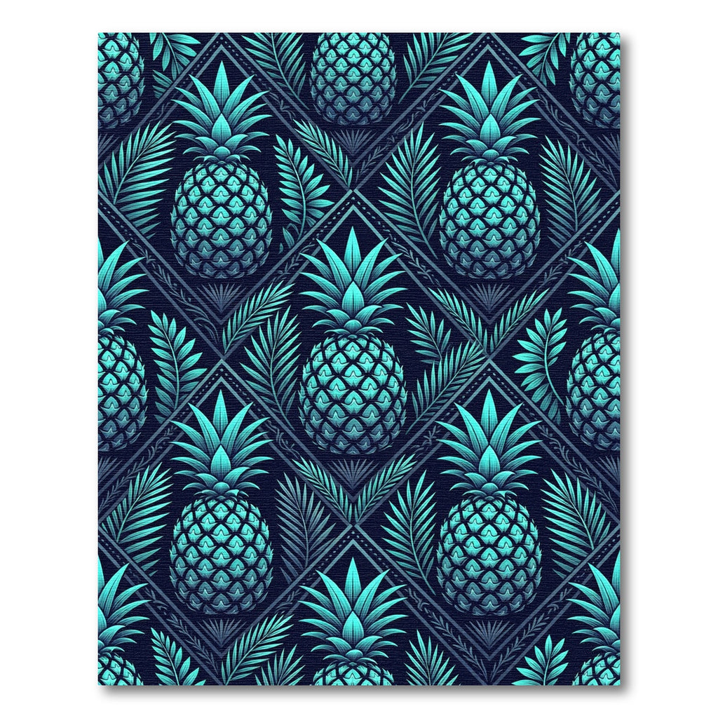 Teal Tropical Pineapple Geometric Grid Rug