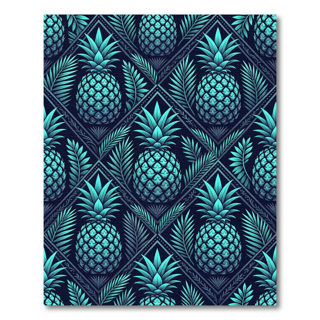 Teal Tropical Pineapple Geometric Grid Rug