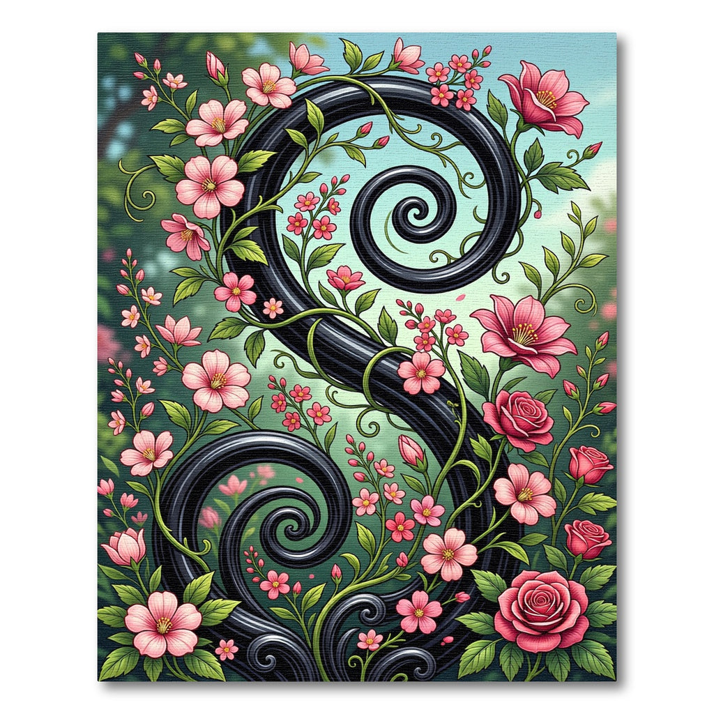 Elegant Black Swirl Pink Floral Scroll Rug