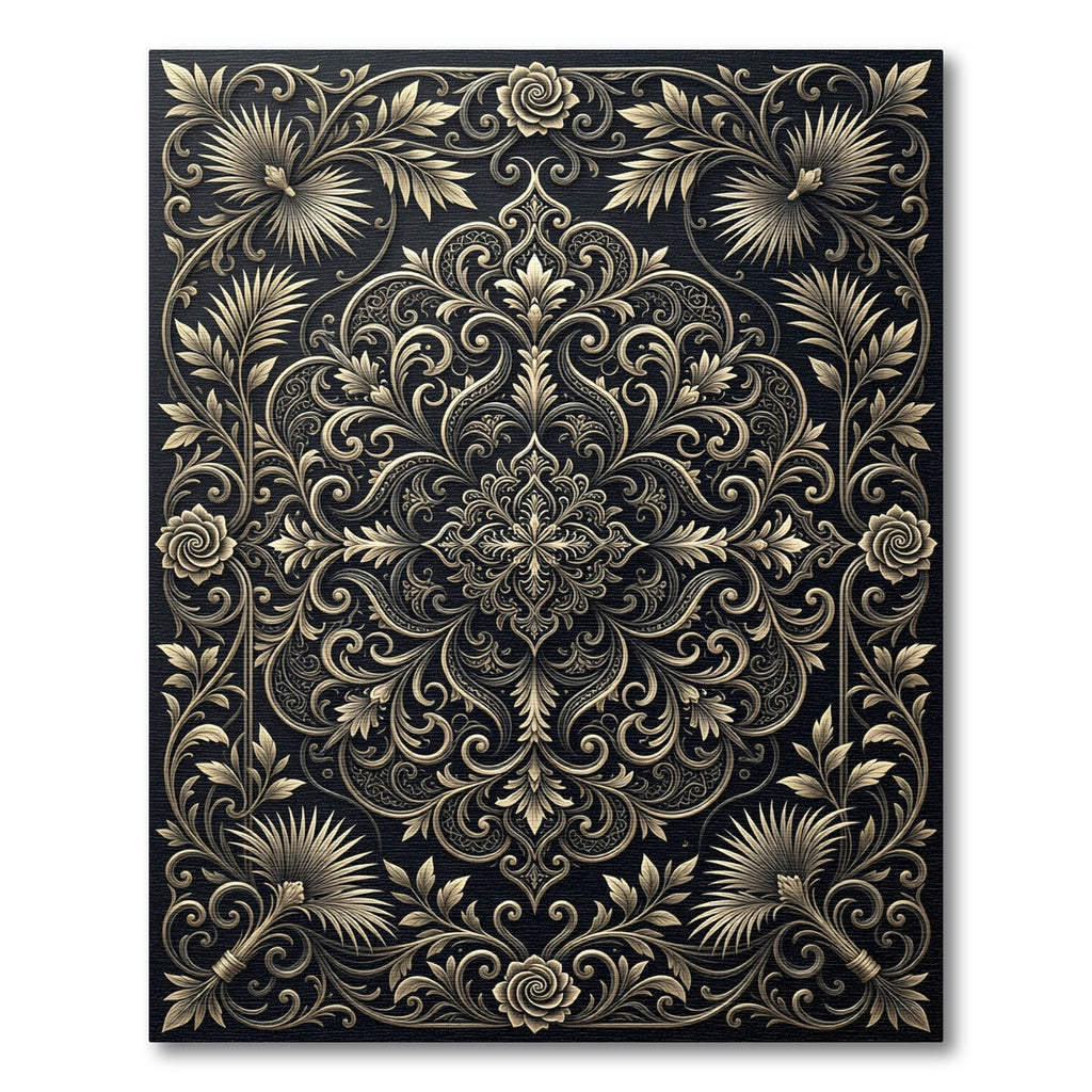 Ornate Golden Floral Scrollwork Rug
