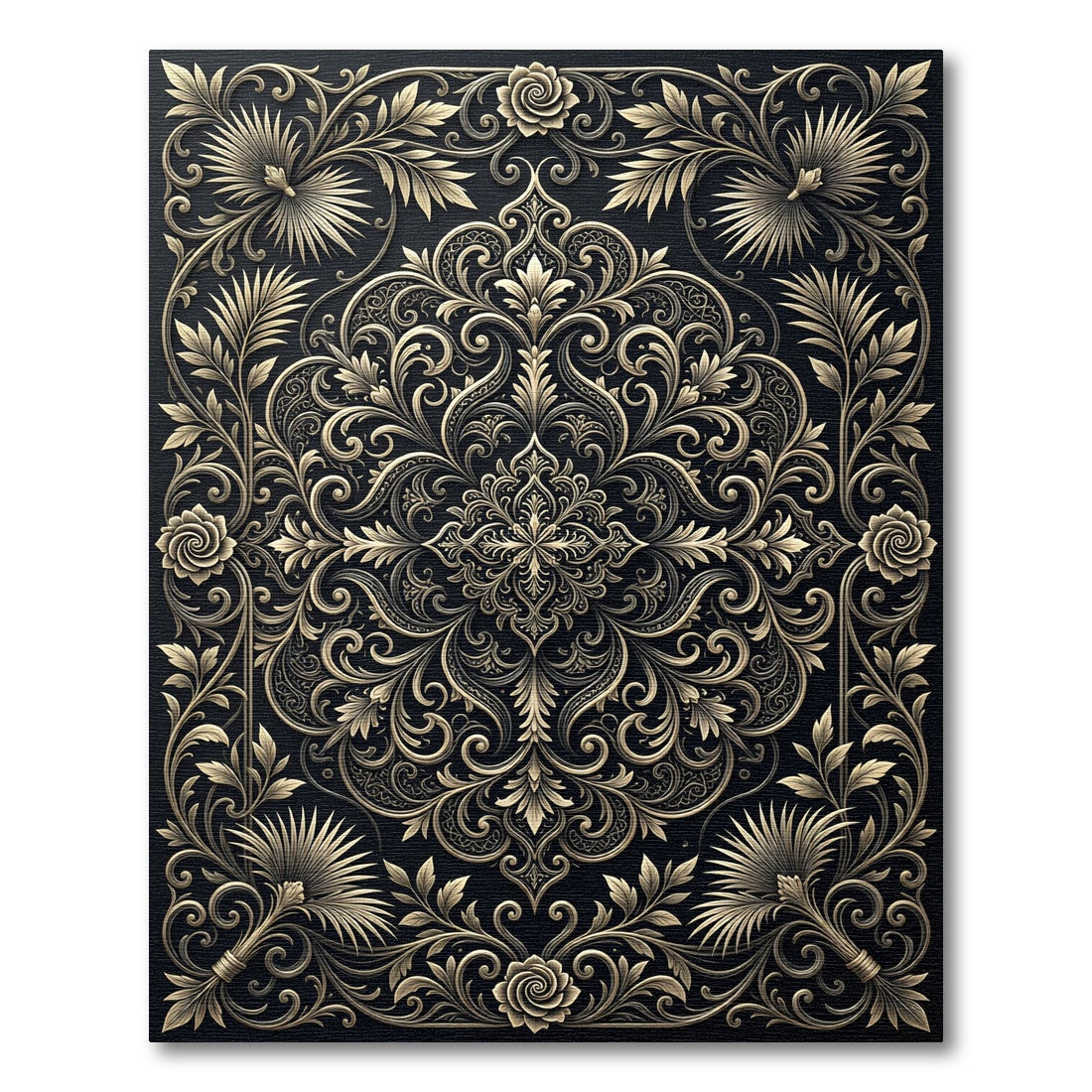 Ornate Golden Floral Scrollwork Rug