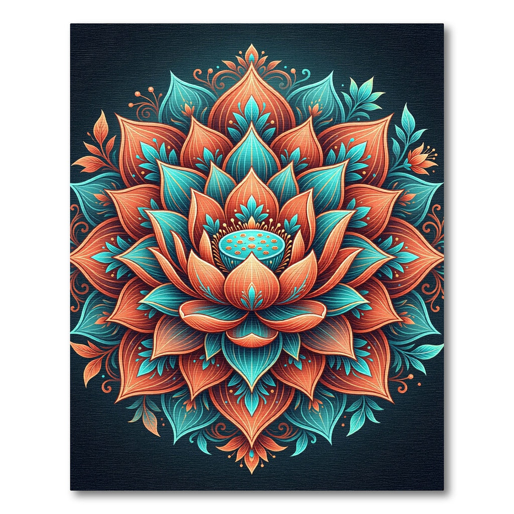 Vibrant Coral Teal Lotus Mandala Rug