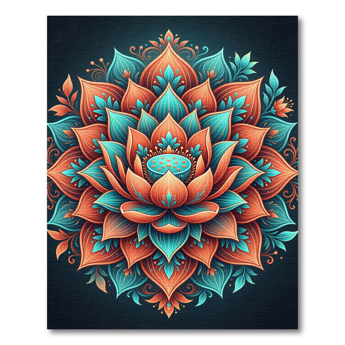 Vibrant Coral Teal Lotus Mandala Rug