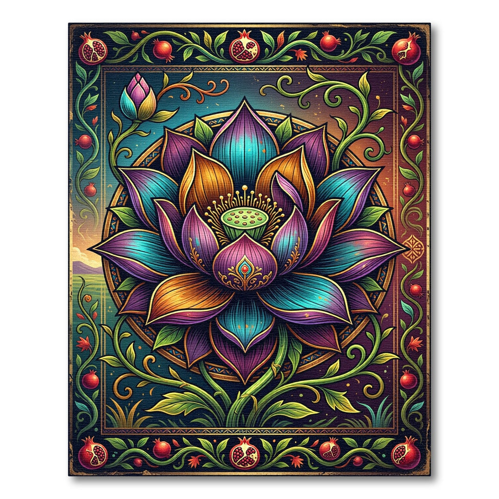 Vibrant Lotus Pomegranate Art Nouveau Medallion Rug