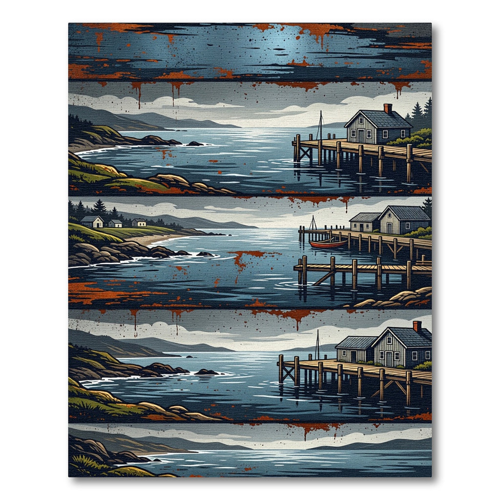 Stormy Coastal Village Dock Seascape Rug