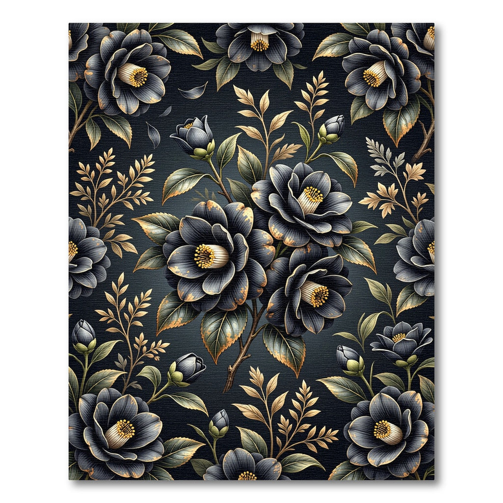 Midnight Black Floral Garden Rug