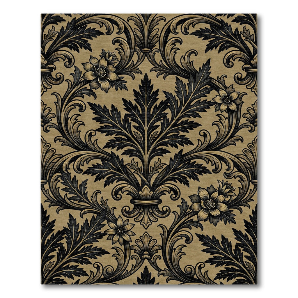 Vintage Golden Black Acanthus Floral Scroll Rug