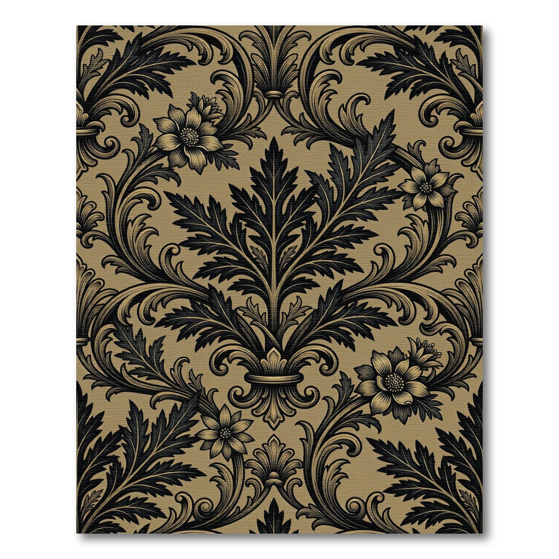 Vintage Golden Black Acanthus Floral Scroll Rug