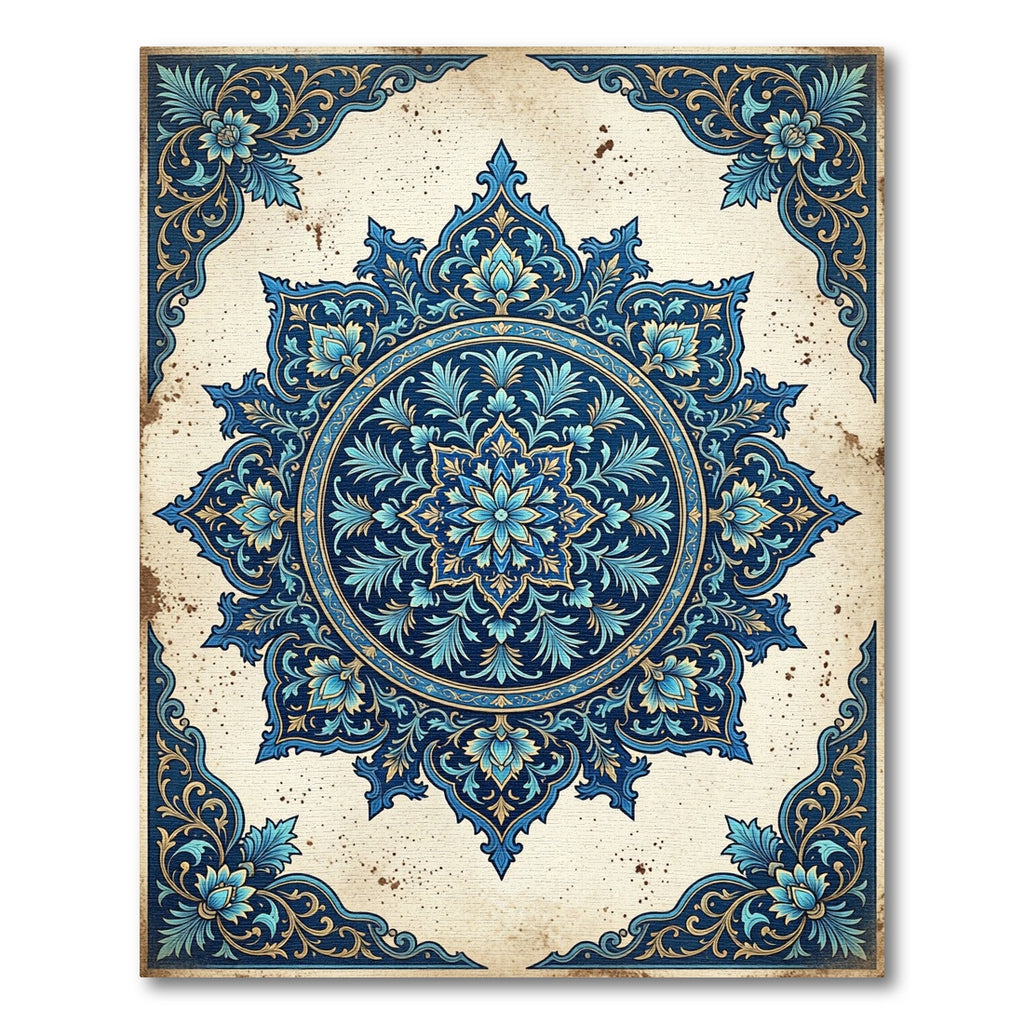 Ornate Deep Blue Floral Medallion Rug