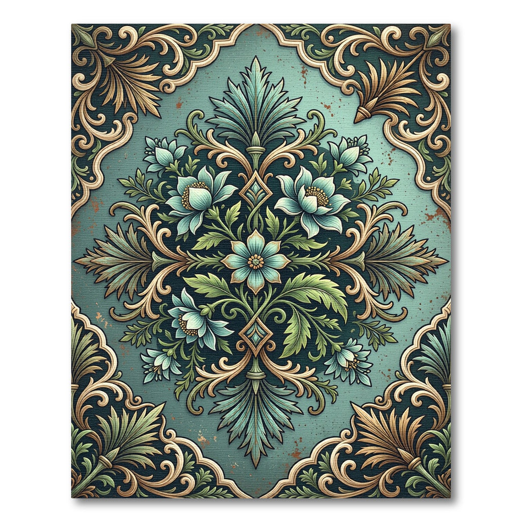 Teal Floral Scrollwork Vintage Medallion Rug
